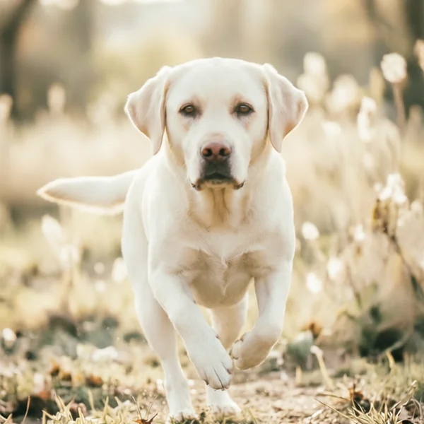A running Labrador Retriever in golden light